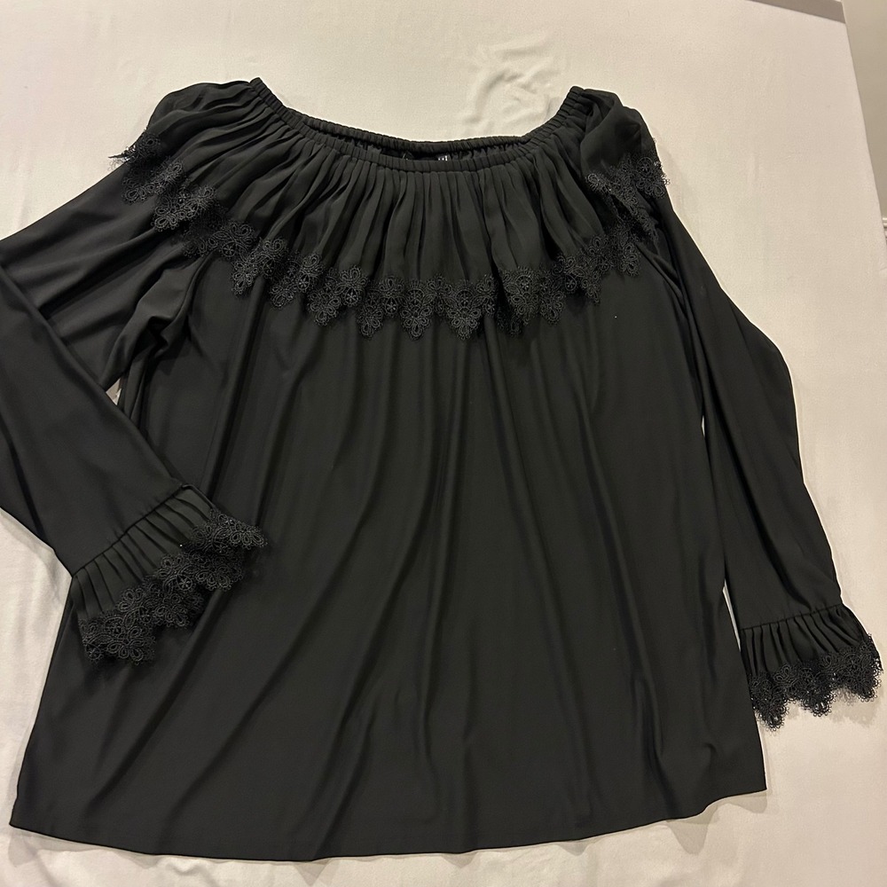 Antthony Original Black Lace Trim Off Shoulder Pleated Ruffle Blouse 1X NEW